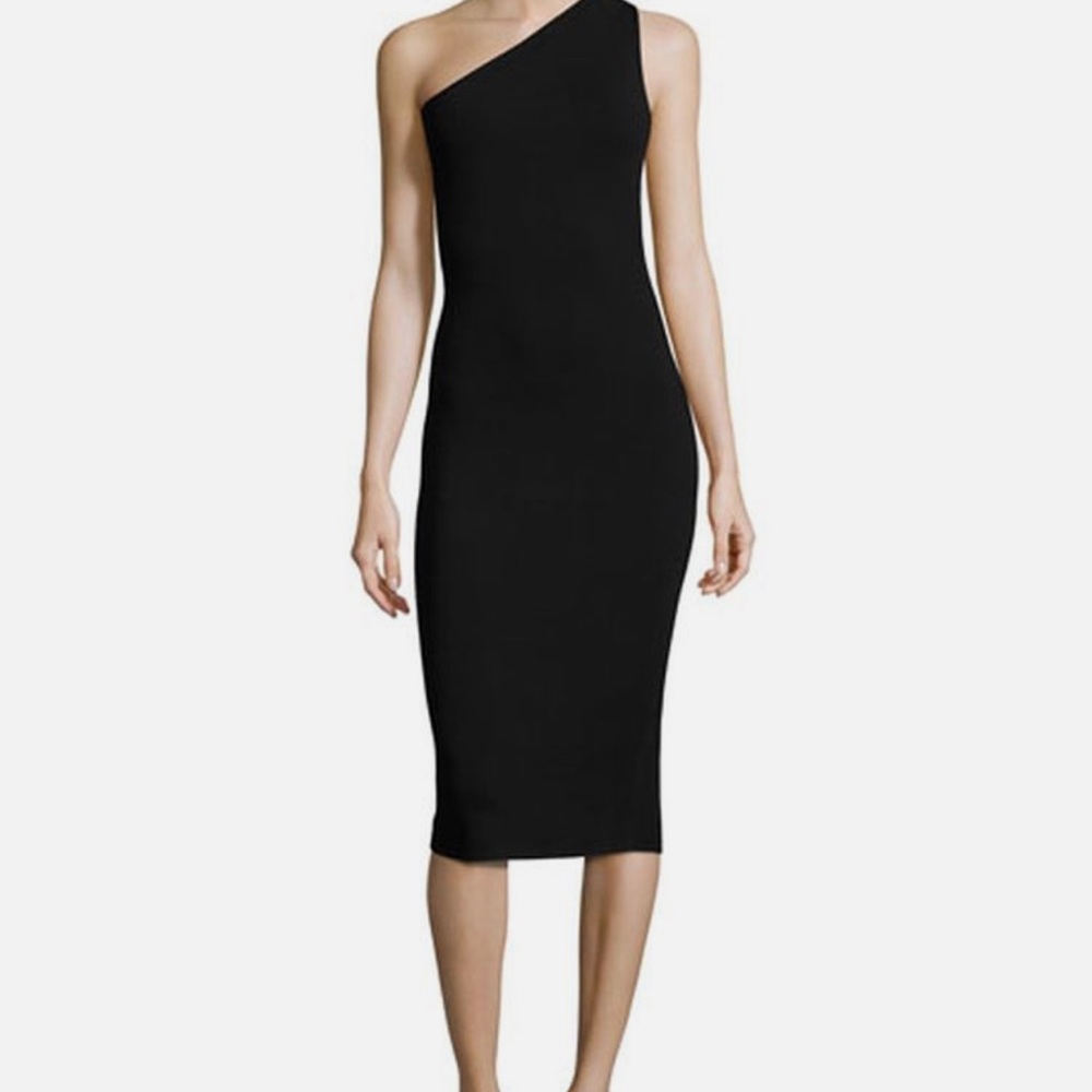 Diane Von Furstenberg Dress Black One-Shoulder Midi Stretch knit Body-con Medium